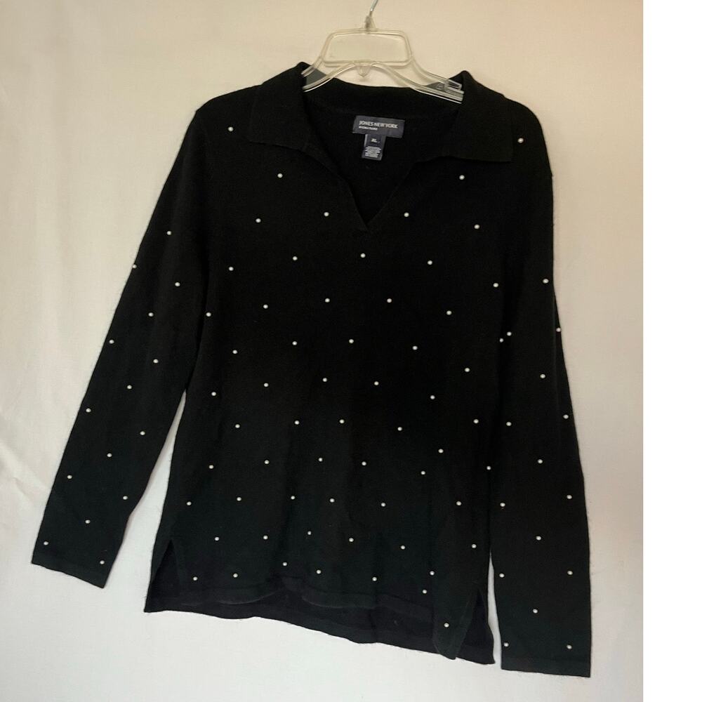 Jones New York Women's XL Black V-Neck Sweater Pearl Embellishments Wool Blend